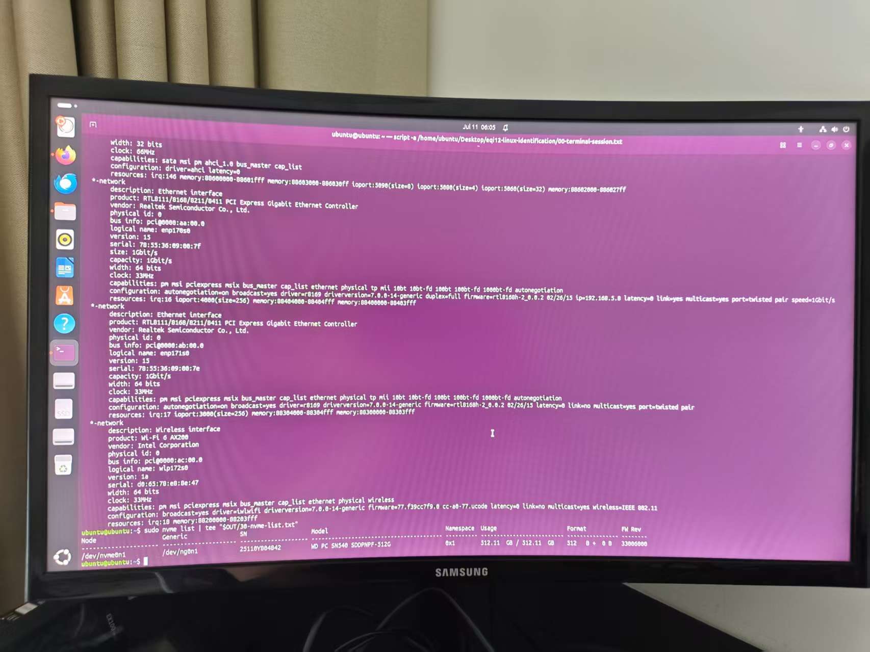 Terminal output showing lspci and lsblk hardware identification on EQi12 Ubuntu Live