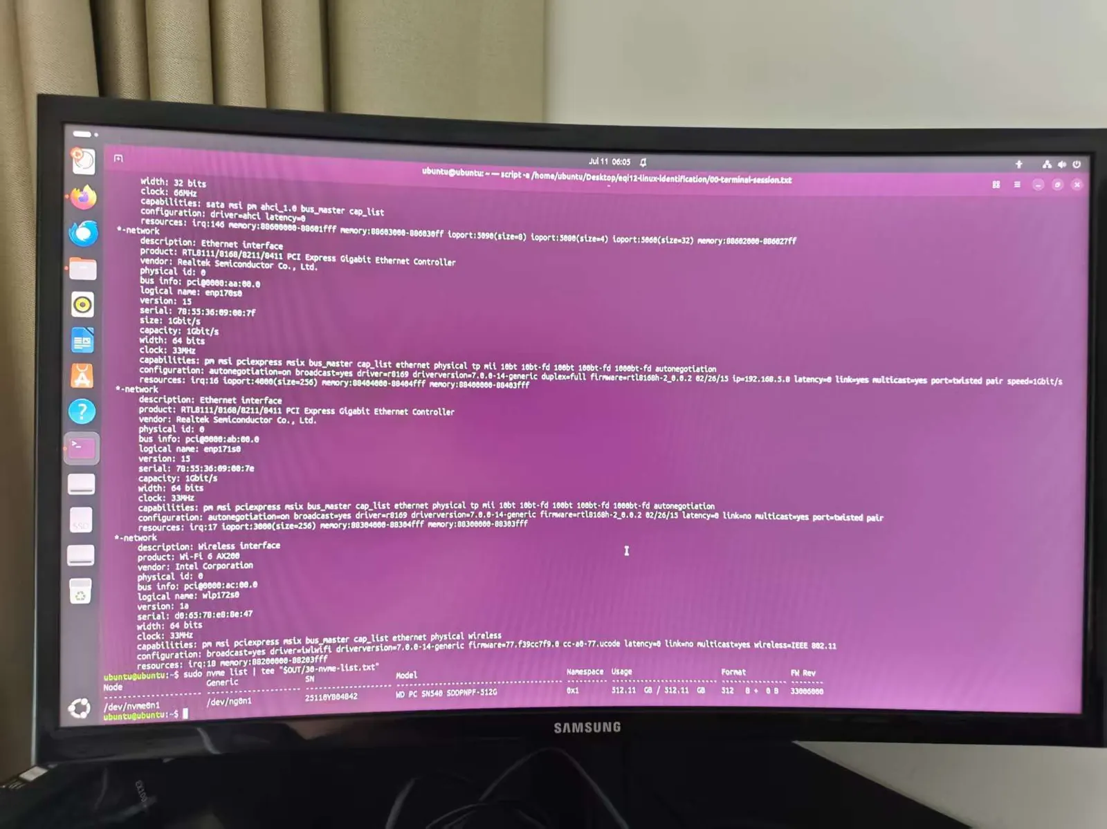 Terminal output showing network interface and NVMe disk identification in Ubuntu live on the Beelink EQi12