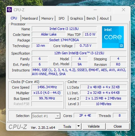 Intel Core i3-1215U processor identification from the EQi12