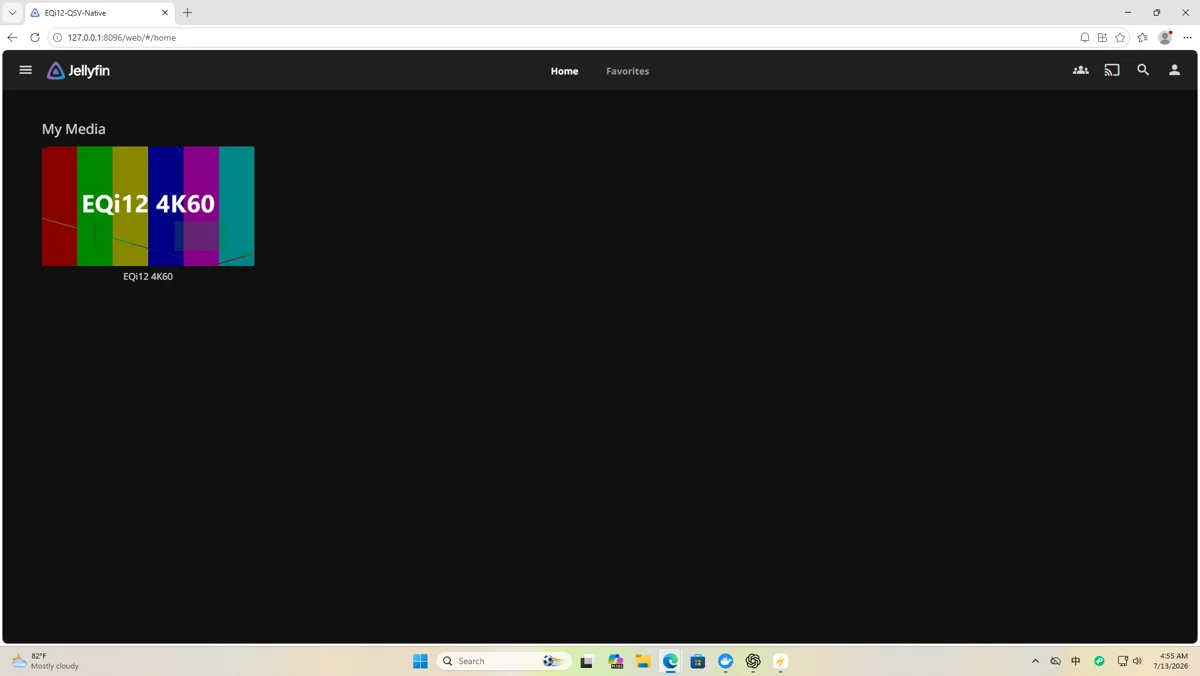 Jellyfin home page showing My Media library with EQi12 4K60 test video thumbnail