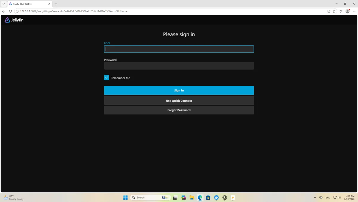 Jellyfin login page at 127.0.0.1:8096 showing User, Password, Remember Me, Sign In, Use Quick Connect and Forgot Password options