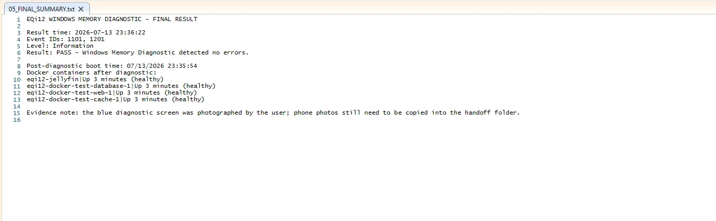 Windows Memory Diagnostic result evidence from the EQi12