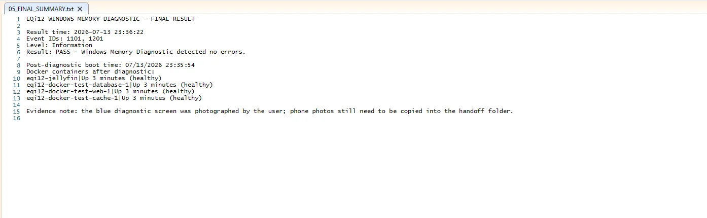 Windows Memory Diagnostic result evidence