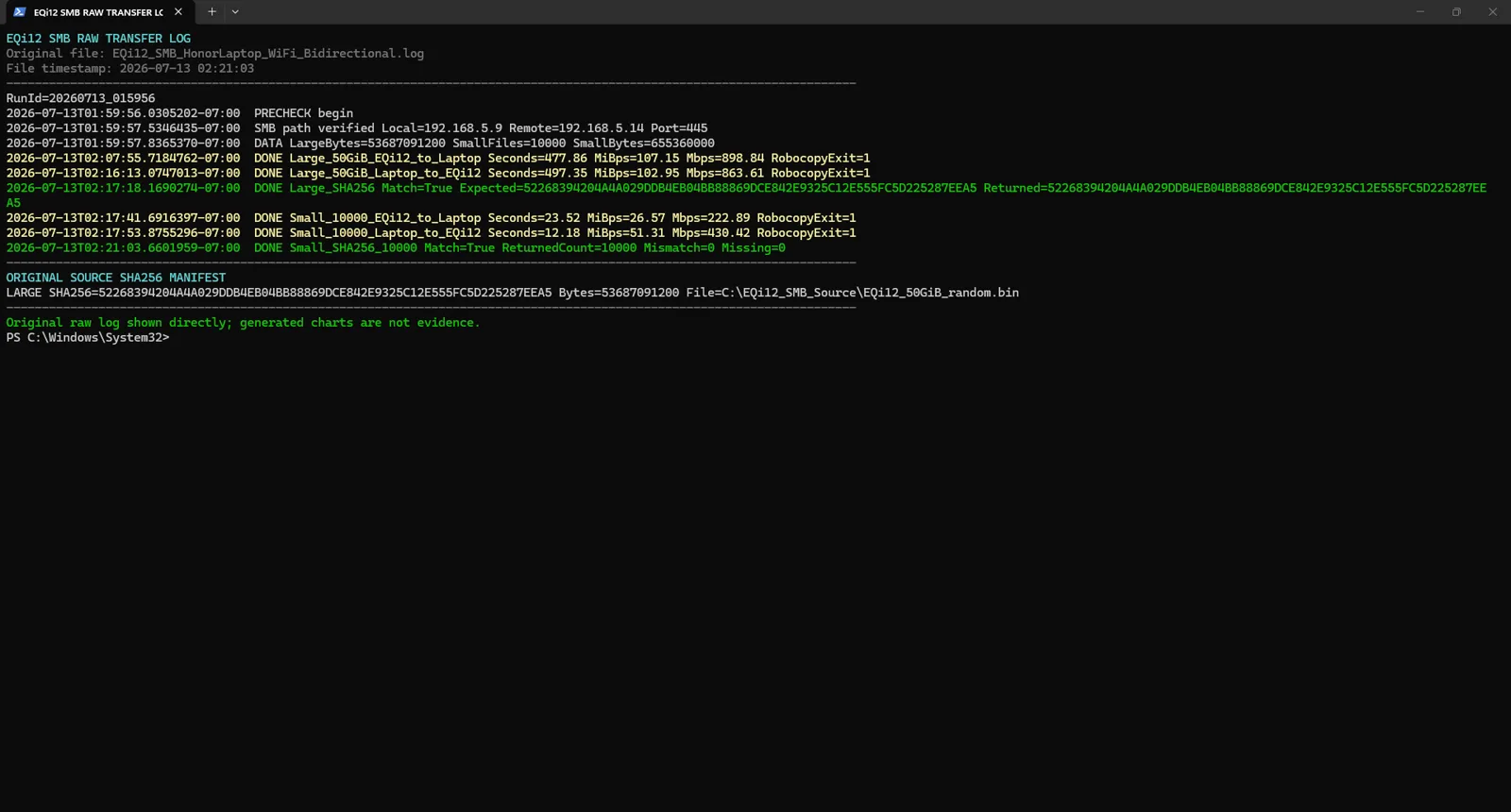 EQi12 50GiB SMB large-file and small-file transfer evidence