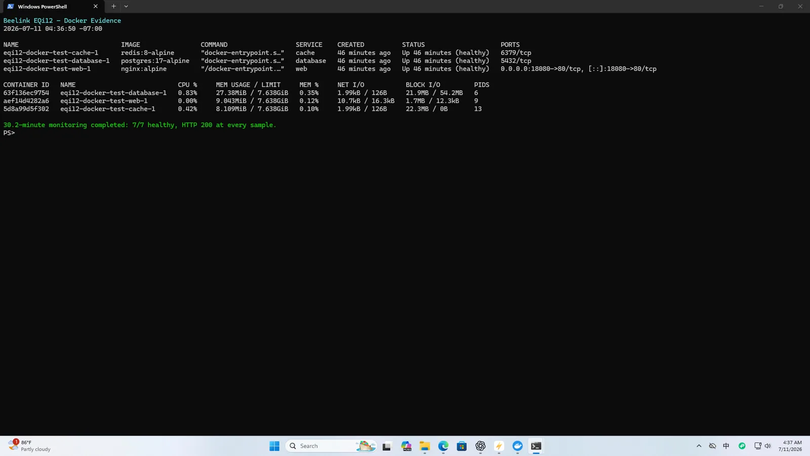 Docker service health on the EQi12 Windows and WSL2 stack