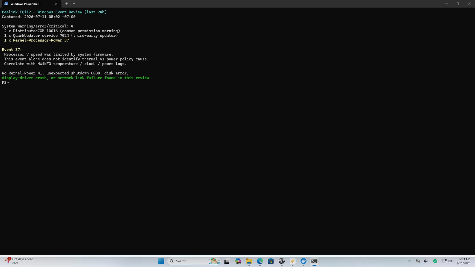 EQi12 long-run service and Windows event monitoring evidence